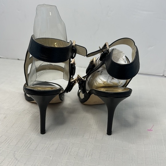 Michael Kors Viola 8M Black Leather 3 Strap Buckle Gold Zip Back Heel Sandal - Picture 4 of 8
